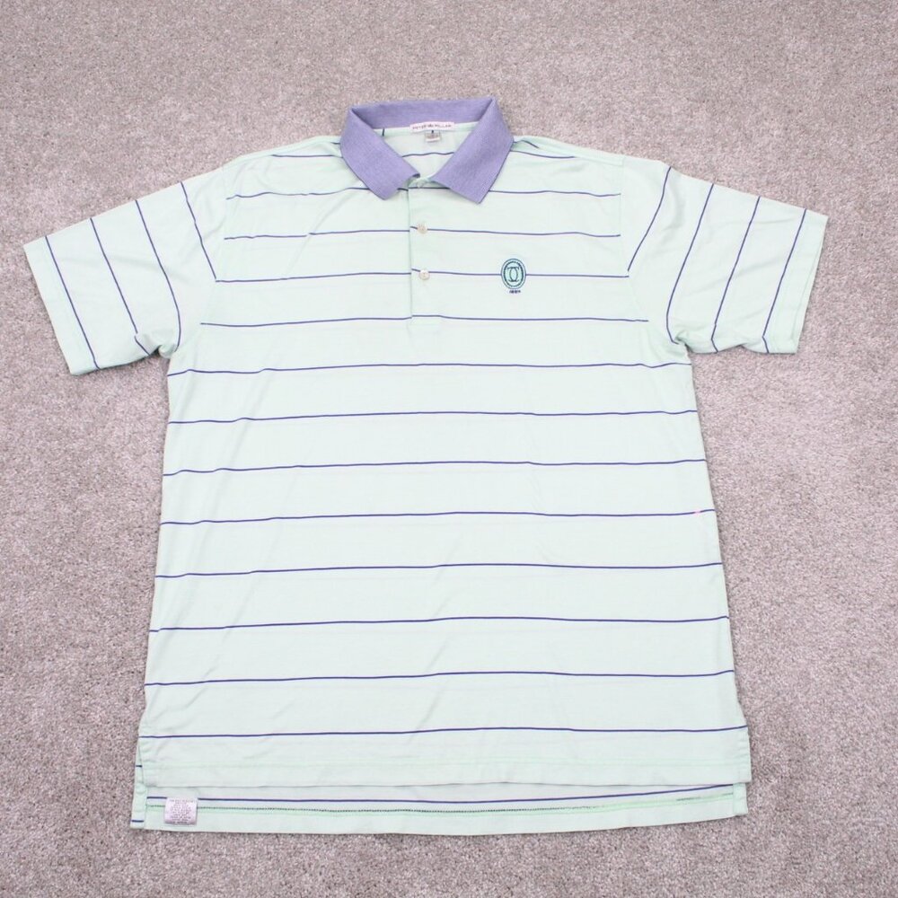 Peter Millar Polo Shirt Men Large Green/Blue Contrast Collar Cotton S/S Pullover
